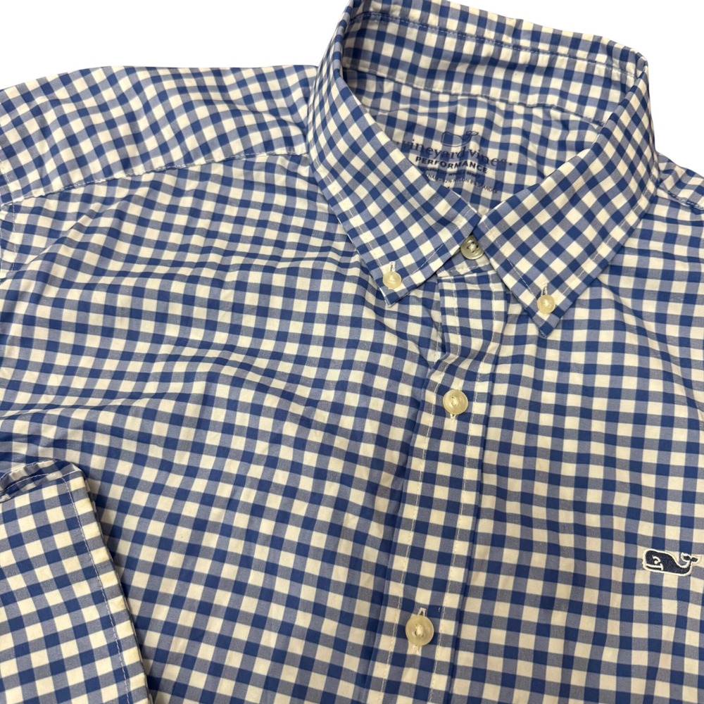 Vineyard Vines Performance Shirt Mens XL Blue Gingham Classic Fit Whale Stretch